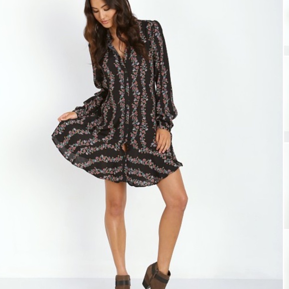 Free People Buttondown Shirt Dress Black Combo - Picture 2 of 6